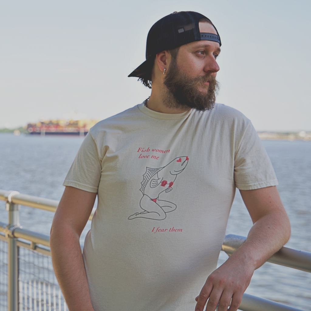 Model wearing Sirena Fish Woman graphic t-shirt from Cryptid Records